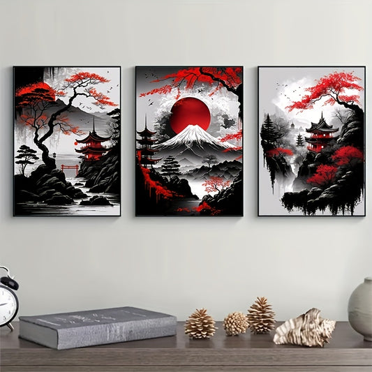 Japanese Natural Landscape Canvas Painting 3pcs - Frameless Black and Red Vintage Ink Art Posters for Living Room Bedroom Home Decor No Frame