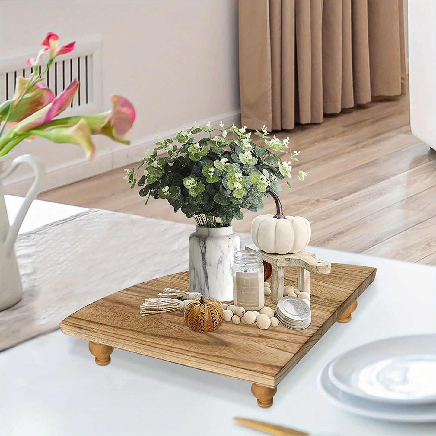 Rustic Farmhouse Wooden Corner Counter Shelf - Rustic Brown Pedestal Stand with 2 Shelves, Natural Wood Tabletop Display Riser for Kitchen, Bathroom, Dining Room Decor, Kitchen Shelf, Decorative Tray, Elegant Design, Corner S