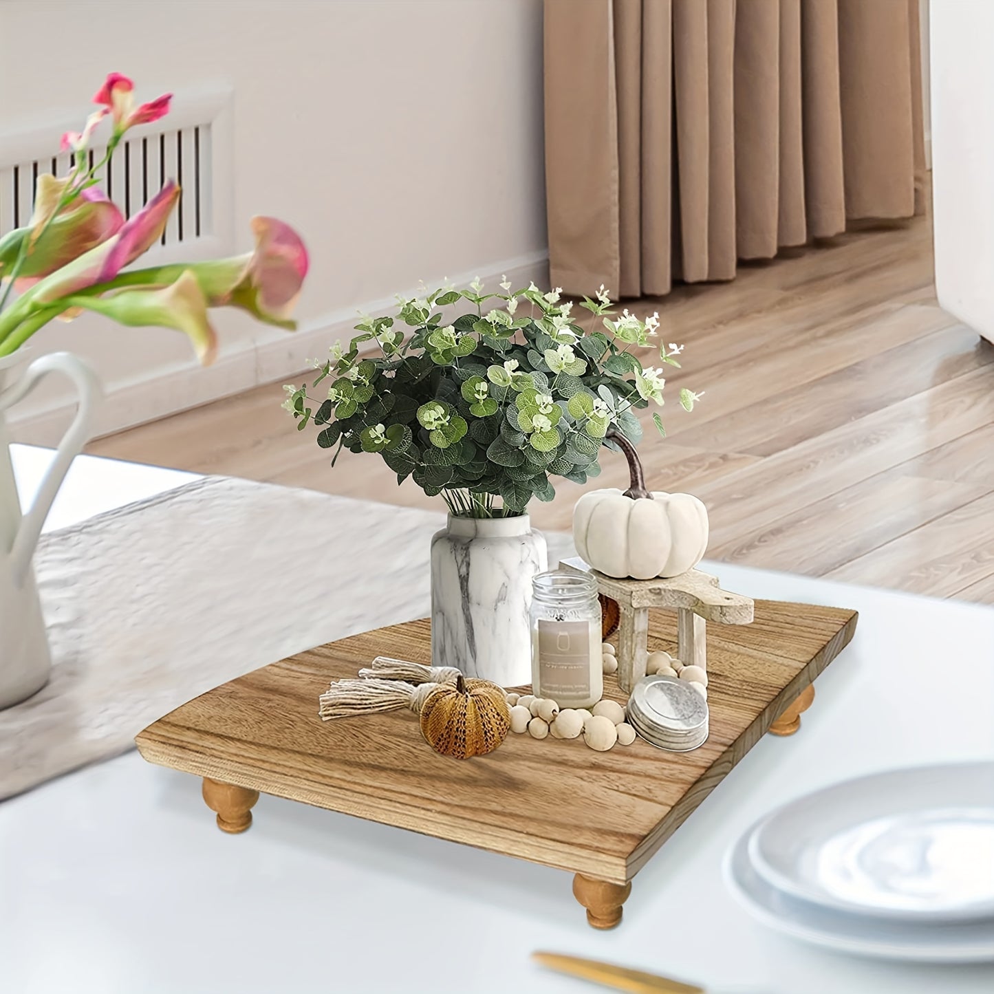 Rustic Farmhouse Wooden Corner Counter Shelf - Rustic Brown Pedestal Stand with 2 Shelves, Natural Wood Tabletop Display Riser for Kitchen, Bathroom, Dining Room Decor, Kitchen Shelf, Decorative Tray, Elegant Design, Corner S