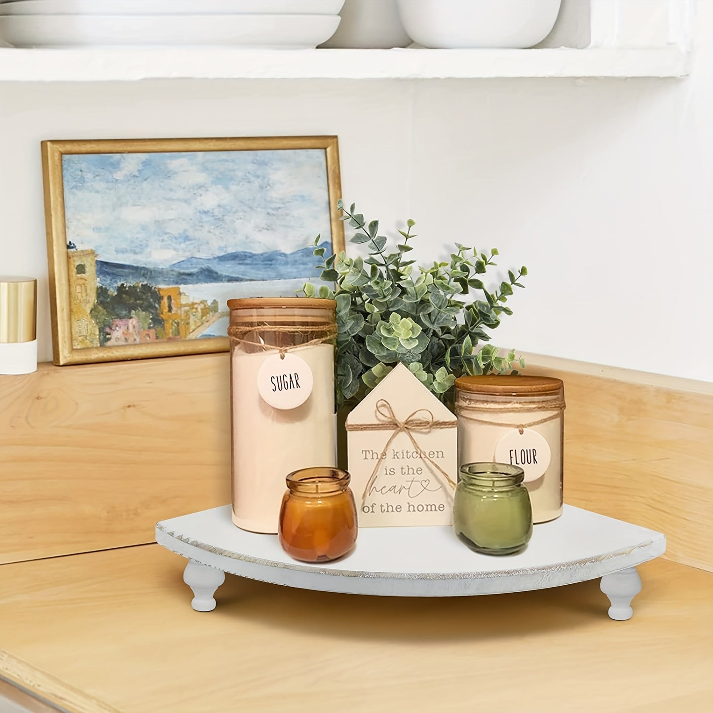 Rustic Farmhouse Wooden Corner Counter Shelf - Rustic Brown Pedestal Stand with 2 Shelves, Natural Wood Tabletop Display Riser for Kitchen, Bathroom, Dining Room Decor, Kitchen Shelf, Decorative Tray, Elegant Design, Corner S