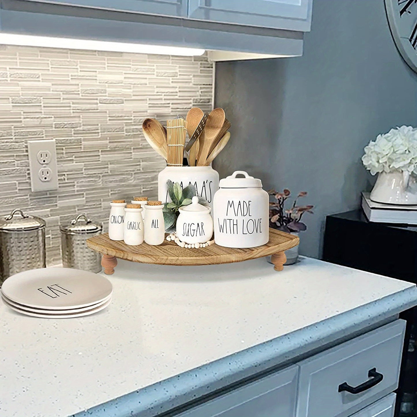 Rustic Farmhouse Wooden Corner Counter Shelf - Rustic Brown Pedestal Stand with 2 Shelves, Natural Wood Tabletop Display Riser for Kitchen, Bathroom, Dining Room Decor, Kitchen Shelf, Decorative Tray, Elegant Design, Corner S